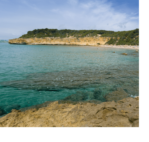 Fotografia on es veu una platja de la Costa Daurada amb l’aigua cristalina envoltada de muntanyes. 